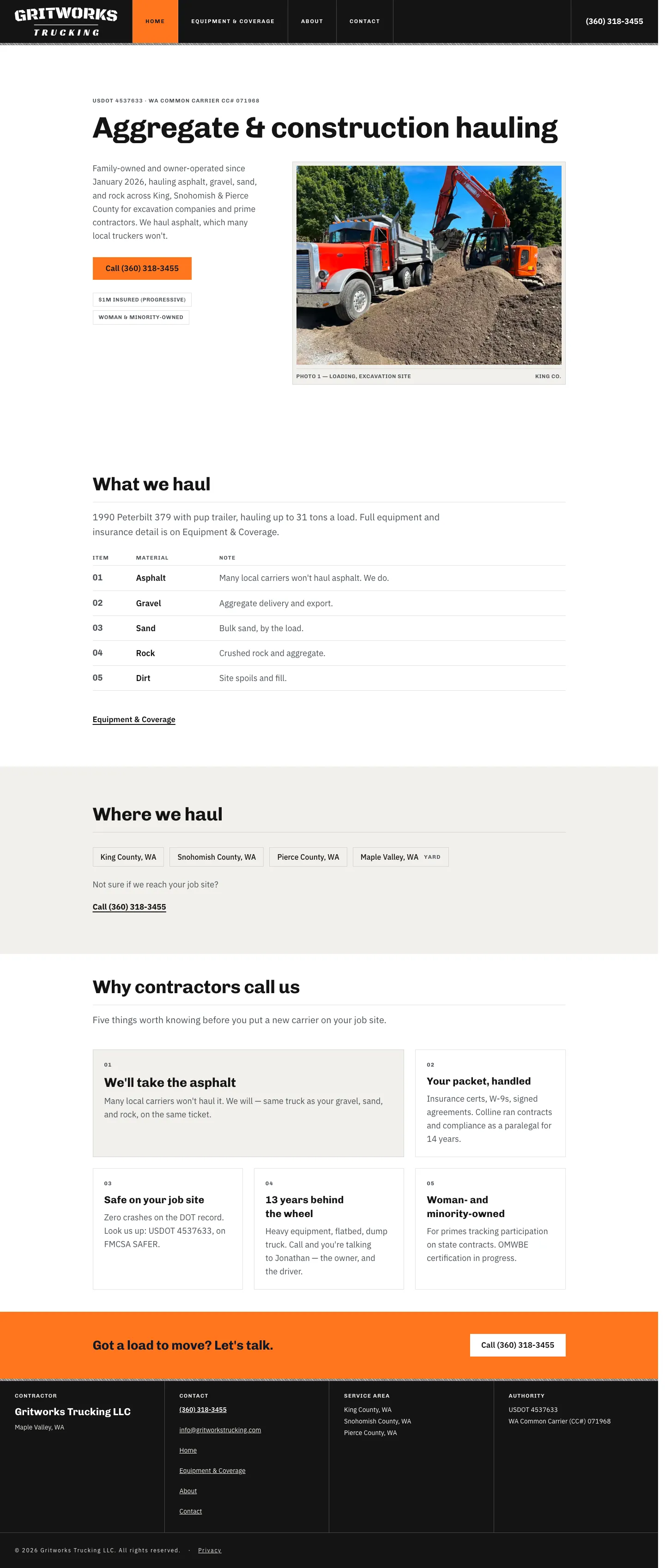 Gritworks Trucking homepage, showing one of the owners beside a red dump truck.