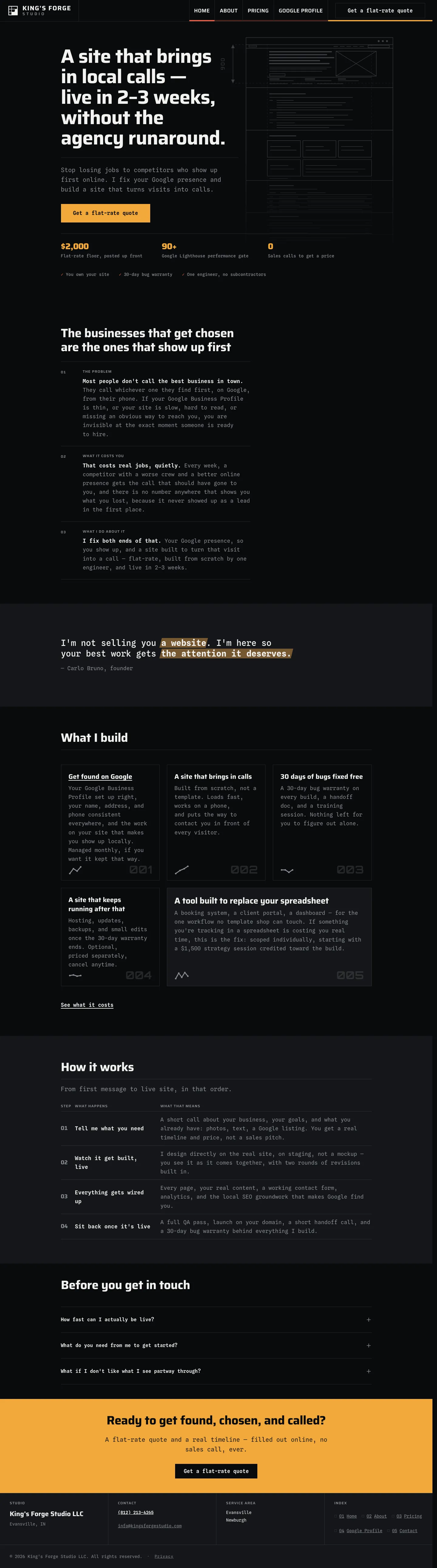 King's Forge Studio homepage, showing the studio offer and fixed starting price.
